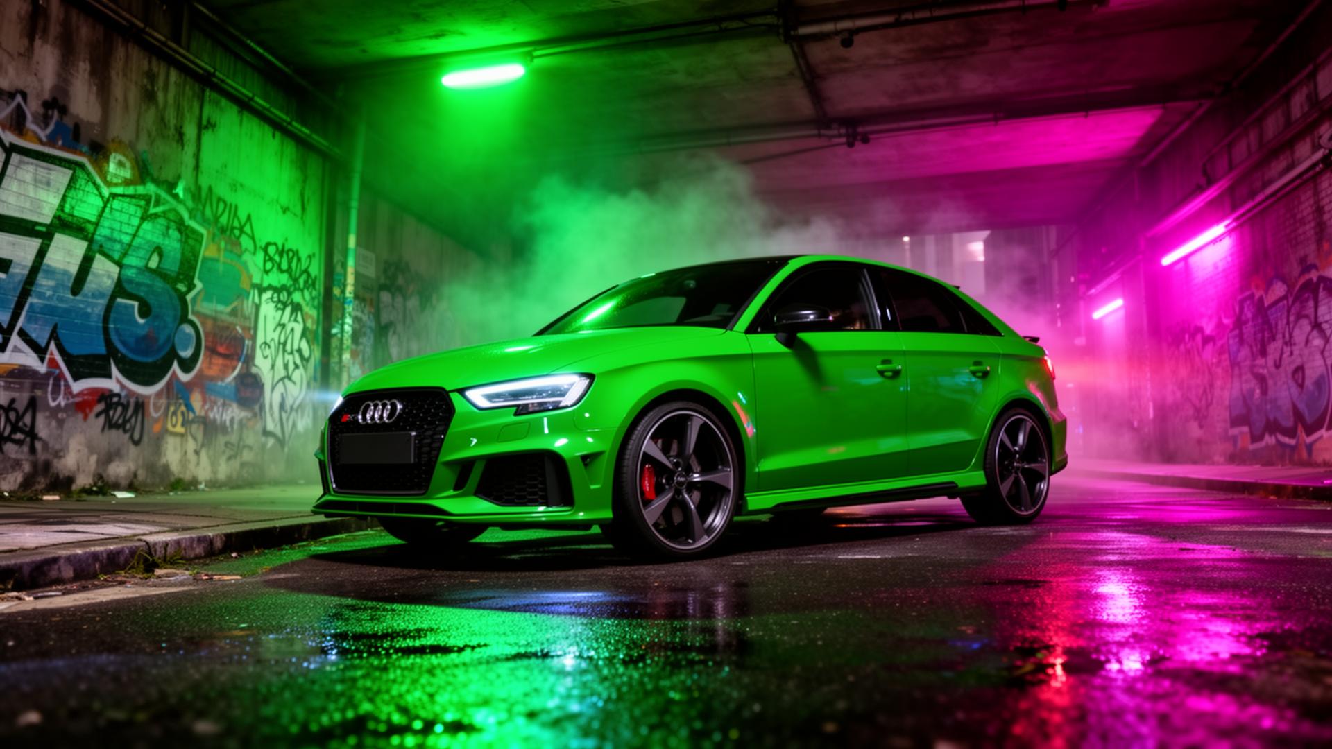Audi RS3 verde in tunnel urbano illuminato al neon